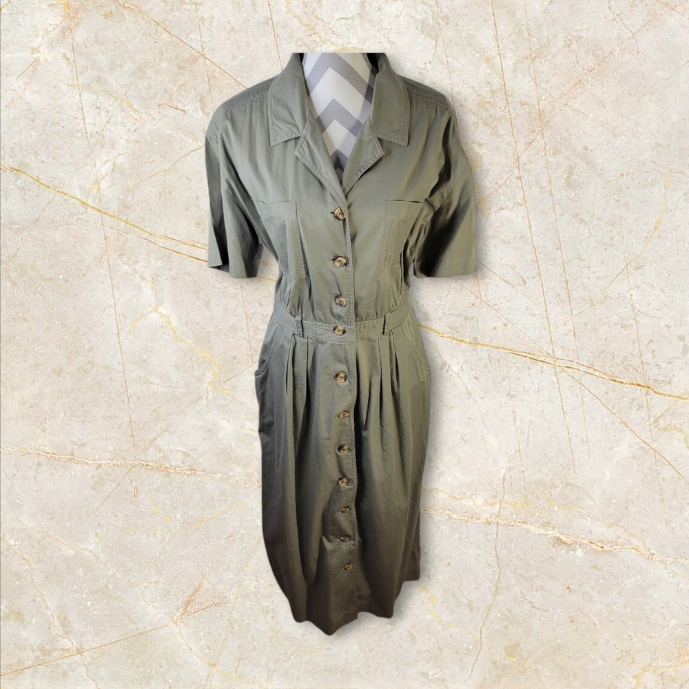 Talbots Button Front Maxi Shirt Dress Olive 100% Cotton Size 14 Belt Loops